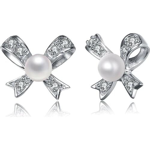 MADALENA SARARA Promotion 6-7mm Round Freshwater Pearl Earrings Cubic Zirconia Bow-Knot Girls Earrings