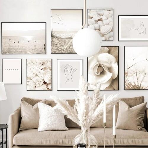 Sunset Beach Flower Wall Art Print Nordic Abstract Line Drawing Canvas Painting Landscape Poster Beige Picture Home Decoration