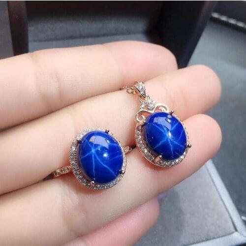 Real Natural Sapphire jewelry set Natural Real Sapphire 925 sterling silver 1pc pendant,1pc ring