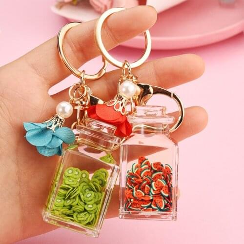New Fashion Liquid Quicksand Keychain Cartoon Watermelon Pitaya Fruit Keyring For Women Men Flower Acrylic Key Chains Gift
