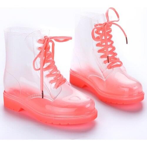 New Fashion Girls Woman Rainboots Transparent Lace-Up Jelly Rain Boots Women Waterproof Martin Boots Non-Slip Ankle Water Shoes