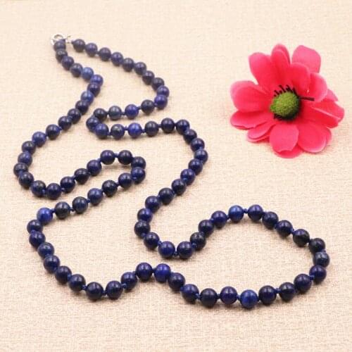 Simple Blue Beads Long Necklace Jewelry for Women Natural Stone Lapis Lazuli Beads Chain Necklaces Femme Party Necklace 36" A960