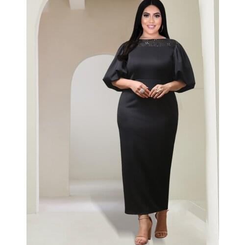 Plus Size Dresses Black Lace Puff Sleeve Bodycon Ankle Length Patchwork Elegant Fashion Spring Autumn Party Wedding Night Dress