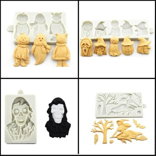 SHENHONG Halloween Theme Mold Skeleton Ghosts Pumpkin Pie Witch Bat Cat Silicone Sugar Craft Chocolate Fondant Cake Mould