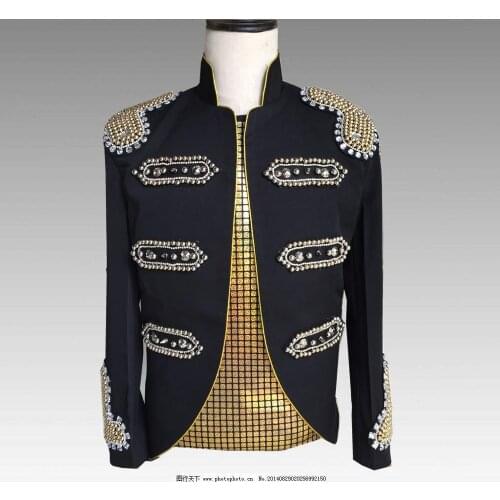 Rhinestone Bead Unique Pattern Male Casual Blaser Jackets British Style Mens None Button Slim Fit Stage Performance Coustumes