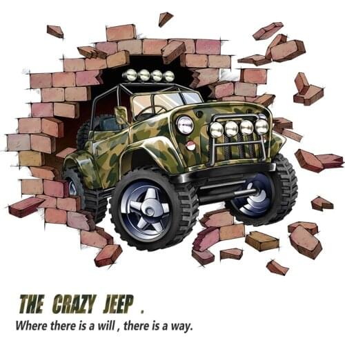 Creative 3D Off-road Vehicle Wall Stickers Broken Wall Poster Art Car Decal Kids Room Decor Boys Favor