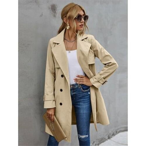 Ladies Casual Jacket Spring and Autumn Girls Solid Color Long-Sleeved Lapel Double-Breasted Elegant Jacket Jacket with Belt