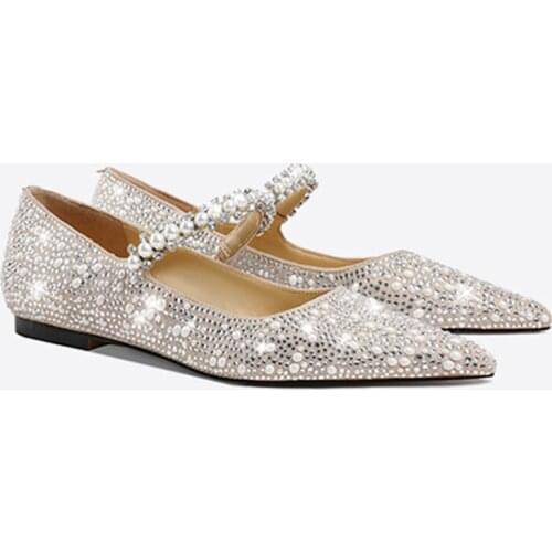Pearl Flat Shoes Women Basic 2021 Fashion Suede Shiny Rhinestones Pointed Pearl Flats Fashion Party Sexy Mary Jane Women Shoes
