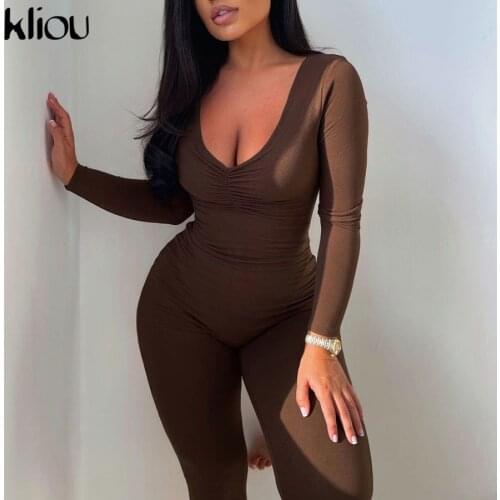 Kliou Solid Classic Jumpsuit Women U-neck Cleavage Long Sleeve Skinny One Piece Outfit Body-shaping Atirewear Female Overall