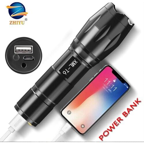 ZHIYU Powerful Rechargeable Mini LED Flashlight USB Direct Charge Powerbank Cree T6 Torch Tactical 18650 Lantern Hiking Camping