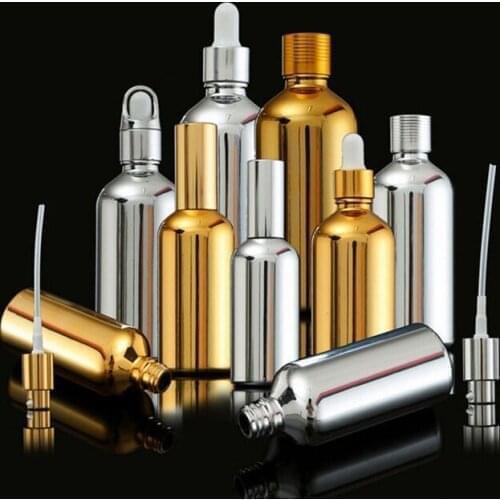 200pcs 5-100ML UV Electroplate Silver/Gold Perfume Cream Dropper Spray Lotion Pump Refillable Essential Oil Dropper Glass Bottle