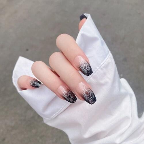 24pcs/box Fake Nail With Glue Flame Printed Coffin Removable Long Paragraph Fashion Manicure False Nail With Designs Press On DL