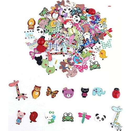 50pcs Random Mixed Cartoon Animal Bird/Pig/Rabbit Wooden Button Beads For Sewing Accessories DIY Craft Scrapbooking Making