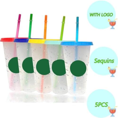 710ml/700ml Reusable Straw Cup With Logo Sequined Glitter Cup Colorful Plastic Cup Coffee Juice Straw Mug Outdoor Portable Cup