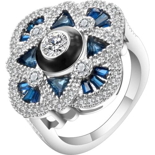 Exaggerated Enamel Cubic Zirconia Royal Blue Flower Rings Silver Color Beautiful CZ Womens Finger Ring Jewelry For Party Gift