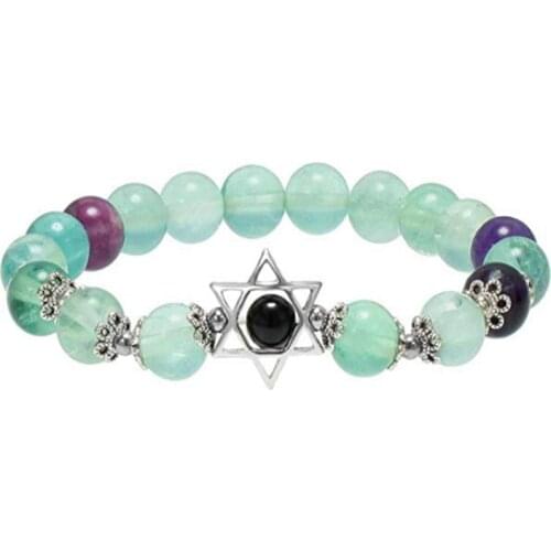 FYJS Unique Jewelry Silver Plated Star of David Connect Round Beads Natural Fluorite Stone Bracelet