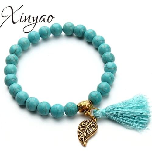 Boho Natural Stone Beads Bracelet Gold Color Leaf Tassel Charm Bracelets Bangle For Women Pulseras Bohemian Indian Jewelry