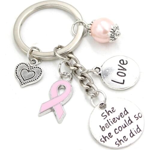 10PCS Wholesale New Arrival Breast Cancer Awareness Jewelry Heart Love Pink Ribbon Charms Key Chain Keyrings Gifts