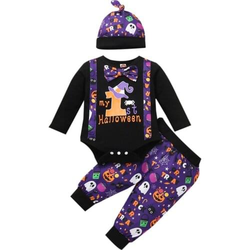 Baby Girl One Year Halloween Outfit Infant Baby Boy Girl Halloween Pumpkin Letter Romper Bodysuit + Pants Hat Outfits