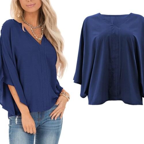 Droppshiping Women Lady V Neck Solid Color Loose Bat Sleeve T-shirt Fashion Top for Beach Party d88