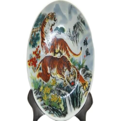 CHINESE FOLK ART Collection -- China Old Painted Porcelain Double Tiger Plate