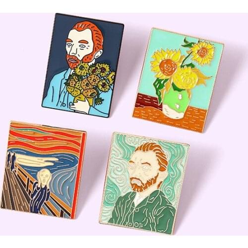 New Hot Sell Painting Enamel Pins Custom The Scream Sunflower Brooches Bag Clothes Lapel Pin Badge Art Jewelry Gift Friends