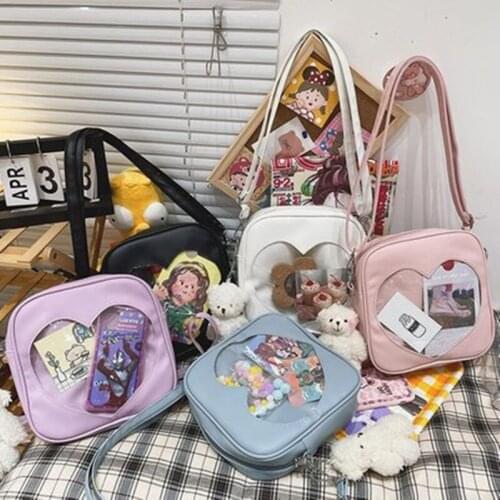 Girls Cute PU Square Bag Ladies Love Transparent Design Crossbody Bag Kawaii Doll Pendant Shoulder Bag Student Ita Bags 2021