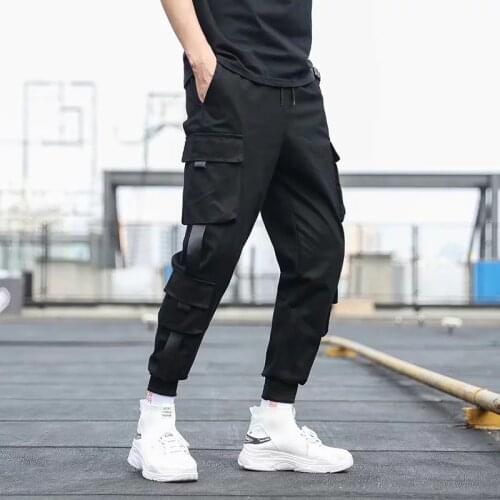 2021 Mens Pants Side Pockets Cargo Harem Ribbons Hip Hop Casual Male Joggers Fashion Trousers Streetwear Pants