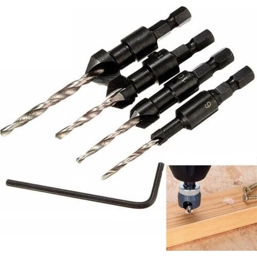 4/5 Pcs 1/4 Inch Countersunk Head Woodworking Drill Bit Set Quick Change Hexagon Shank Countersunk Bit Drill Bit With Wrench