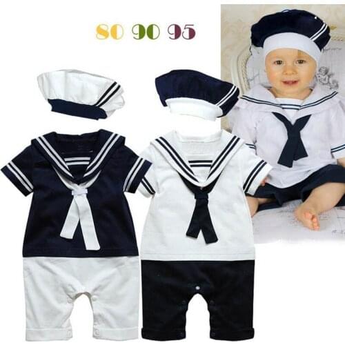 New Fashion Summer Newborn Navy Style Baby Romper Kids Boys Girls Jumpsuit+Hat 2Pcs Body Short-sleeve Sailor Suit