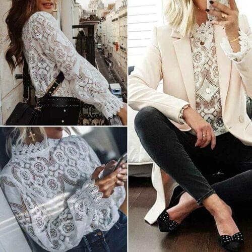 Summer New Women Cut Out Translucent Horn Long Sleeve Slim Elegant Shirts Sexy White Lace Blouses and Tops