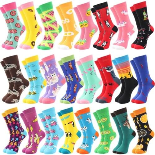 New Fashion Cat Dog Woodpecker Sloth Animal Food Fruit Pattern Long Tube Funny Happy Men Socks Novelty Crew Casual Socks