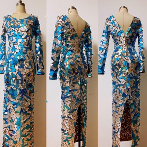 New Handmade Mirror Long Dress Full-Body Sequined Dresses Female Nightclub Bar Stage Wear Birthday Prom Show Costume XS2303