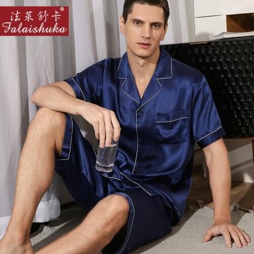 New Summer 100% natural silk shorts pajamas sets men Sleepwear short sleeve pure color elegant pyjama men pajamas T9004-ZB