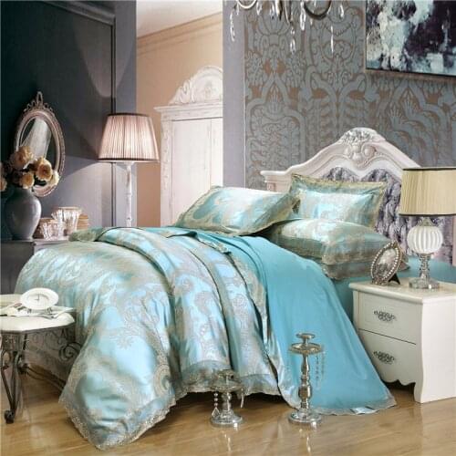 Luxury satin jacquard bedding set queen/king size bed set gold silver color cotton silk lace duvet cover 4pcs sets bedsheet set