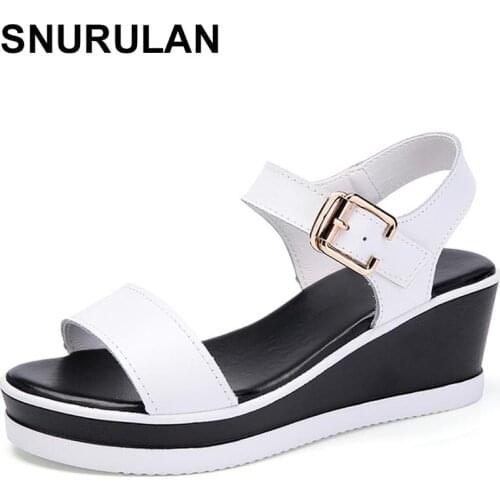 SNURULAN summer women slippers without lace round toe flat slides sandals women white black leather slippers flip flops slipper