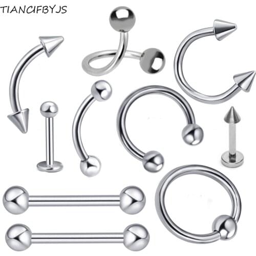 TICNCIFBYJS Stainless Steel Body Jewelry Piercing Sets Labret Lip Tongue Eyebrow Rings Tragus Ear Barbell 14G 16G Mix 10 Styles