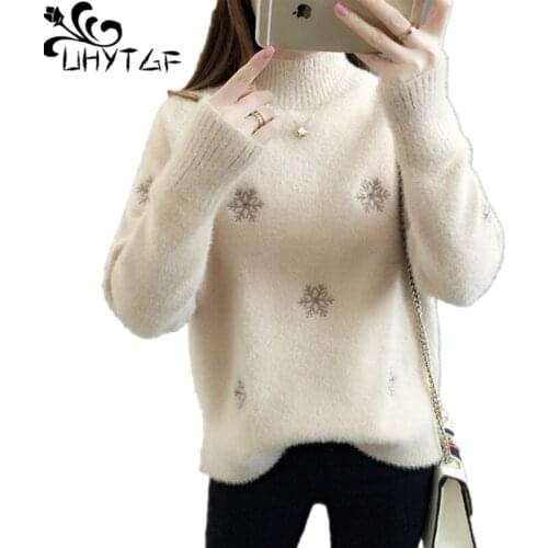 UHYTGF Student Autumn Winter Sweaters Womens Mink Cashmere Embroidered Knitted Tops Female Pullover Casual Bottoming Shirt 1908