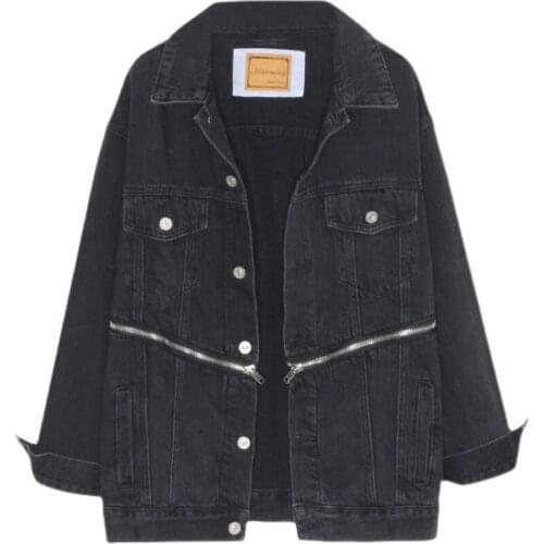 Spring Autumn Black Denim Coat Women Korean Fashion Mid-Length Zipper Outerwear Loose Vintage Jeans Jacket Ladies Clothes H1411