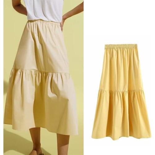 Za Women New 2 Colors Poplin Simple Fashion Midi Skirt Fashion Ruffled Vintage High Elastic Waist With Drawstring Female Mujer