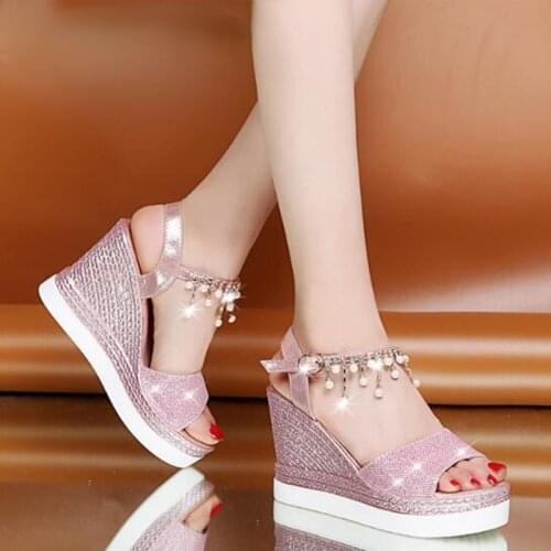 2021 NEW Summer Shoes for Woman Wedge Sandals Rhinestone Women Bling Peep Toe High Heels Sandals Ladies Footwear sandal platform
