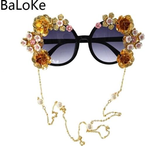 Fashion Baroque Sunglasses Women Metal Flower Vintage Chains Eyewear Brand Design Sun Glasses Outdoor Casual Accessories