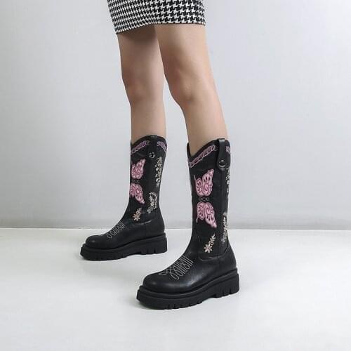 YMECHIC 2022 Womens High Boots Black Embroidered Knee High Botas Women Sexy Round Toe Square Heels Korean Style Knight Shoes