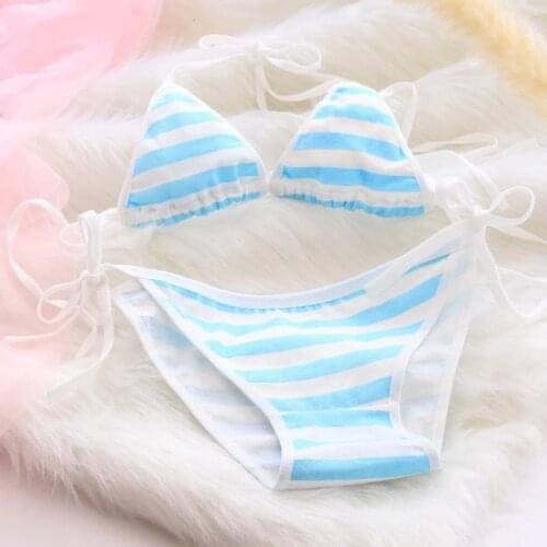 Women Bra Underwear Sexy Thong Panties Lingerie Lolita Kawaii Blue Pink White Striped Mini Bikini Adult Cosplay Erotic Costumes