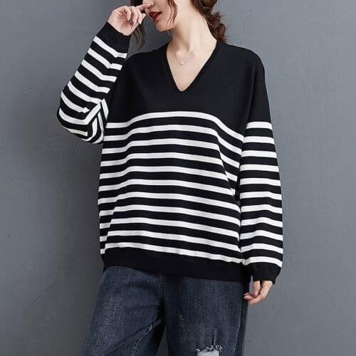 Women Loose Casual Sweater New Arrival 2020 Autumn Winter Korean Simple Style V-neck Striped Female Knitted Pullovers S2343
