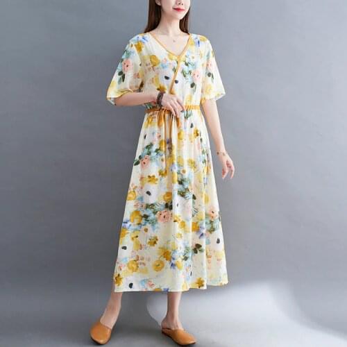 2021 New Arrival Print Floral Fashion Women Dress Short Sleeve Loose Summer Beach Style Dress Draw String Office Lady Work Dress