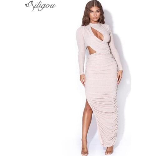 Ailigou Sequined Cutout Sexy Tight-Fitting Dress Ladies Sexy Draped Long-Sleeved Club Wear Fashion Split Long Dress Autumn 2021