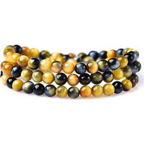 6mm Genuine Natural Gold Blue Tiger Eye Gems Stone Crystal Three 3 Laps Stretch Round Bead Bracelet Drop Shipping Woman Men