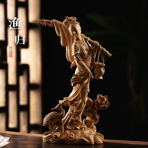 Home Decor Statue Beauty Fishing Boxwood Wood Statue Ornaments Figure Statue Chinese Features Wood Sculpture