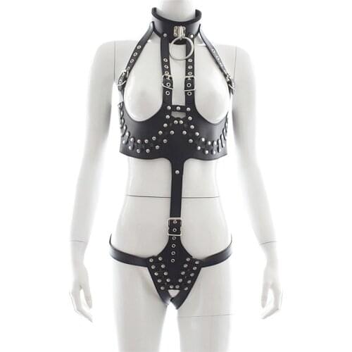 Faux Leather Adjustable Open Crotch Breast Fetish Bondage Restraint Bodysuit Sexy Lingerie for Women Jumpsuit Erotic Lingeries